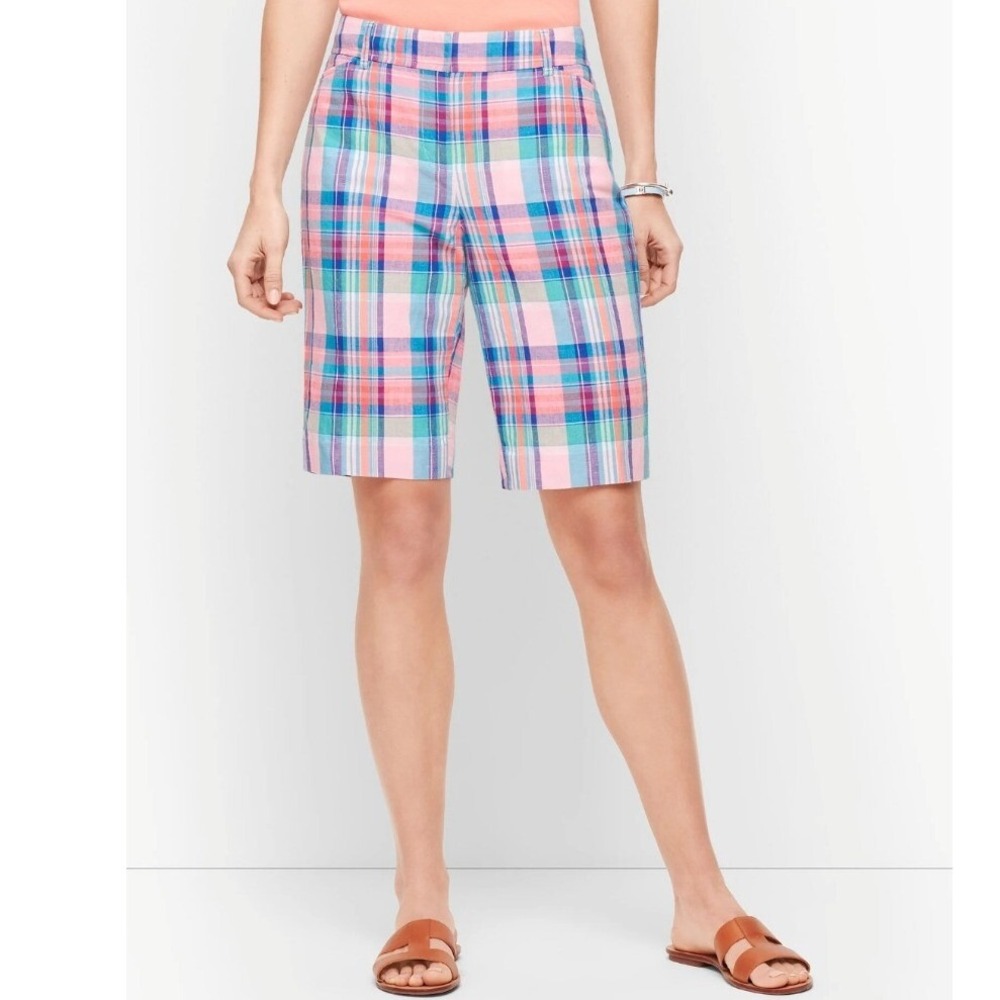 Talbots Perfect Shorts Bermuda Madras Sz 4 Pink Blue Plaid Linen Cotton Coastal
